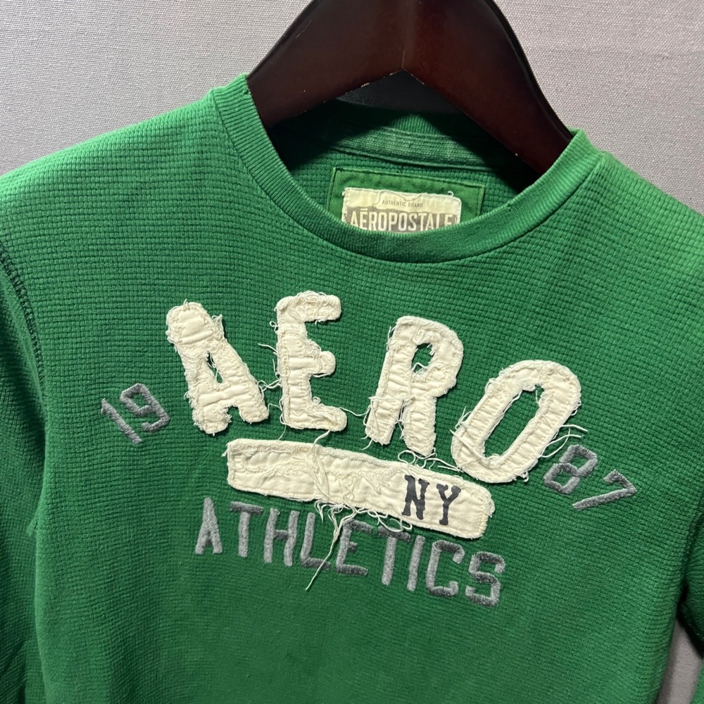 Aeropostale Mens Green Waffle Knit Thermal Aero Athletics Graphic Shirt M - Picture 4 of 6